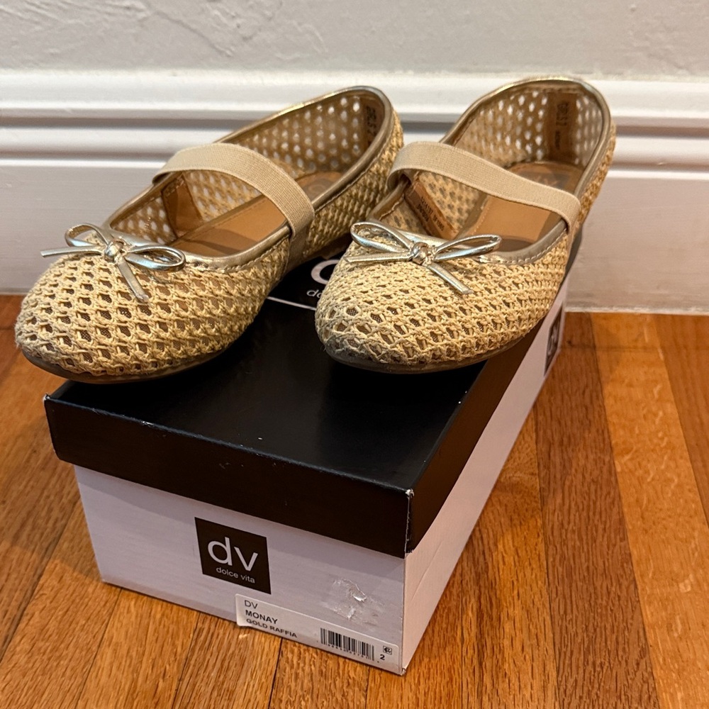 Dolce Vita Tan Woven Mary Jane Flats with Gold Bow